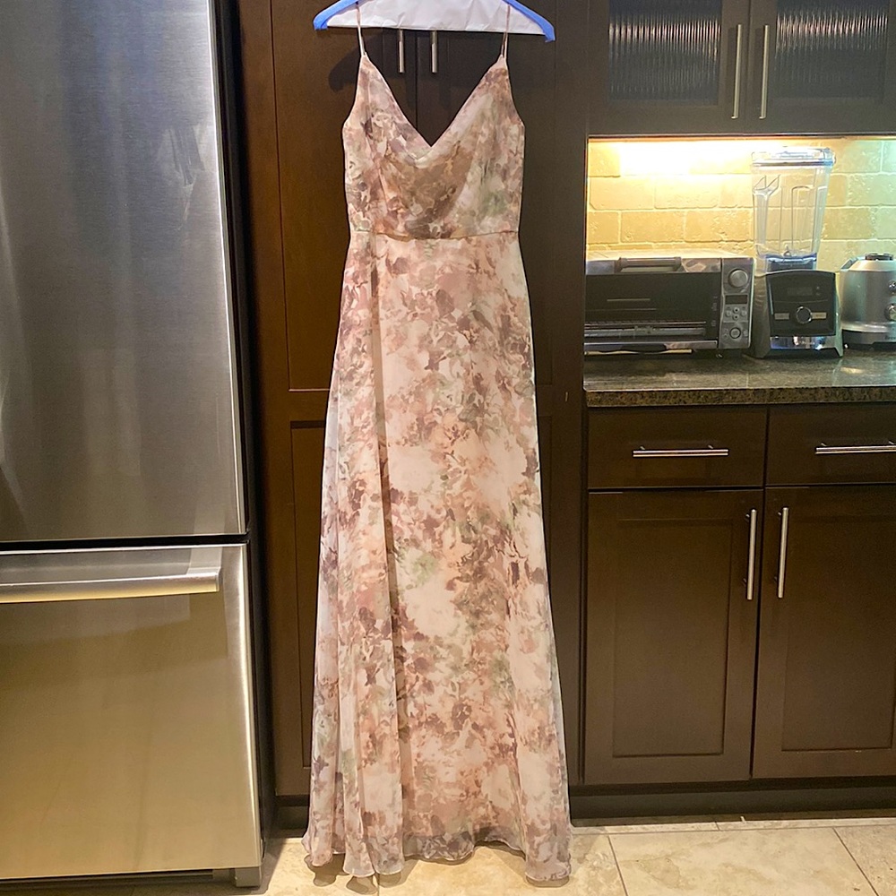 Jenny Yoo pink floral cowl necklace bridesmaid or wedding guest dress